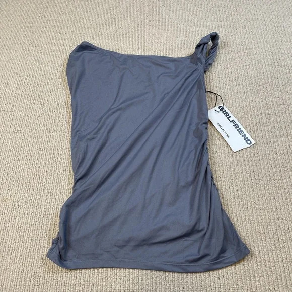 GIRLFRIEND COLLECTIVE Medium Ruched Sides Twist One Shoulder Tank Top Gray - Picture 2 of 7